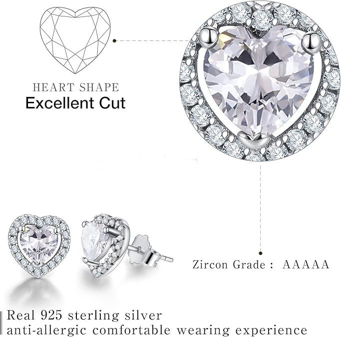 925% Sterling Silver Heart-Shaped CZ Stud Earrings