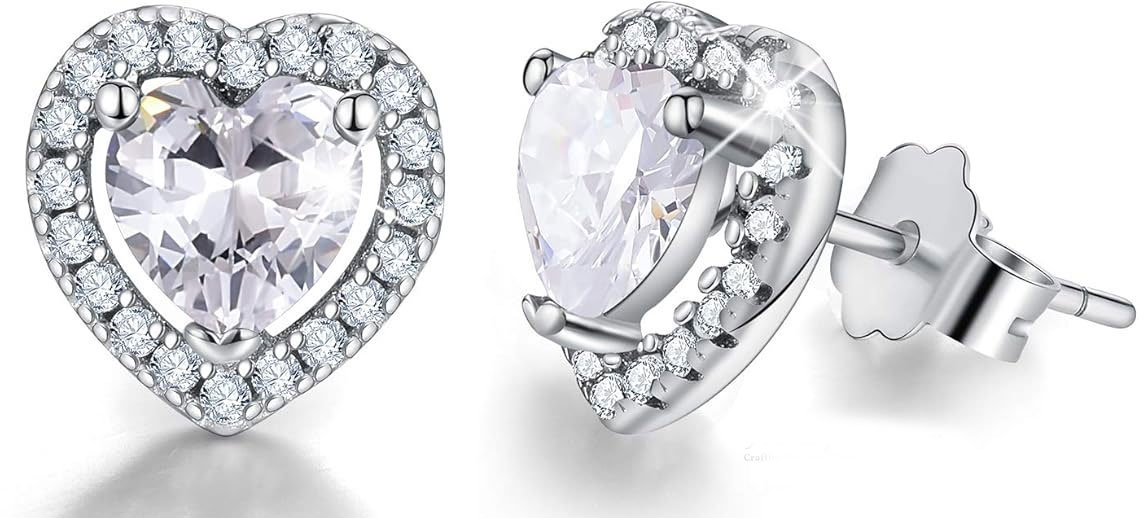 925% Sterling Silver Heart-Shaped Crystal Stud Earrings