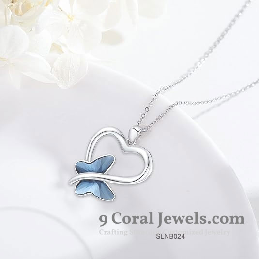 925% Sterling Silver Heart and Blue Butterfly Pendant Necklace