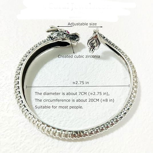 Sterling Silver Dragon Head Bangle with Red Eyes