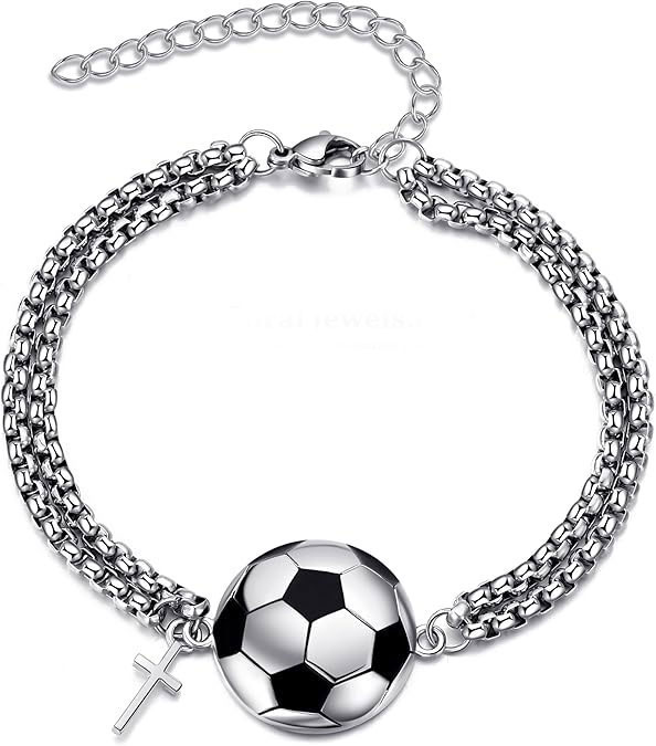 925 Sterling Silver Soccer Bracelet with Cross Charm & CZ Accents