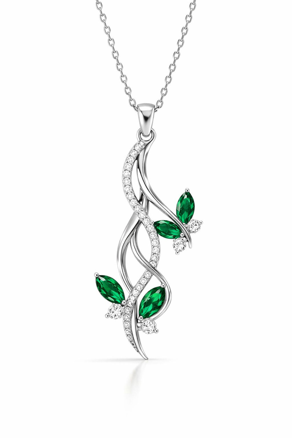 925% Sterling Silver Emerald Butterfly Pendant Necklace