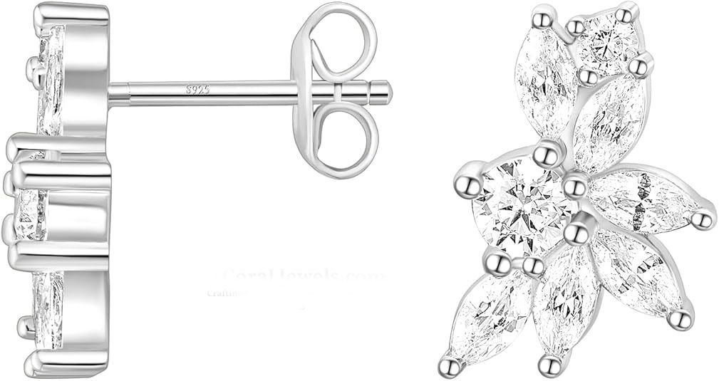 925% Sterling Silver Marquise Cubic Zirconia Cluster Stud Earrings