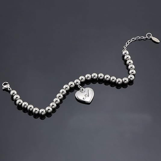 Beaded Heart Initial Bracelet – 925 Sterling Silver