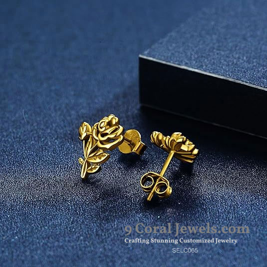 9255 Sterling Silver, Gold Rose Stud Earrings