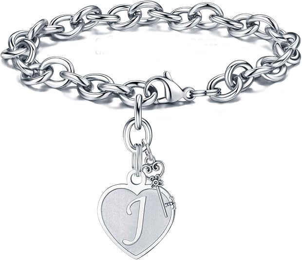 Sterling Silver Heart Initial Charm Bracelet – Customizable with Key Accent | SBL065