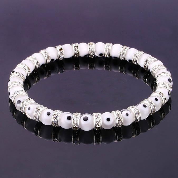 White Evil Eye Beaded Stretch Bracelet with CZ Spacers