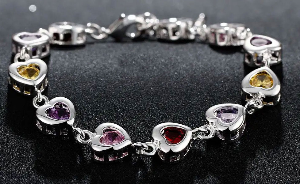 925% Sterling Silver Heart-Shaped Multicolor Gemstone Bracelet