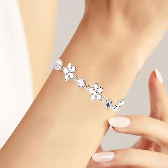 925 Sterling Silver Pink Enamel Flower & CZ Bracelet