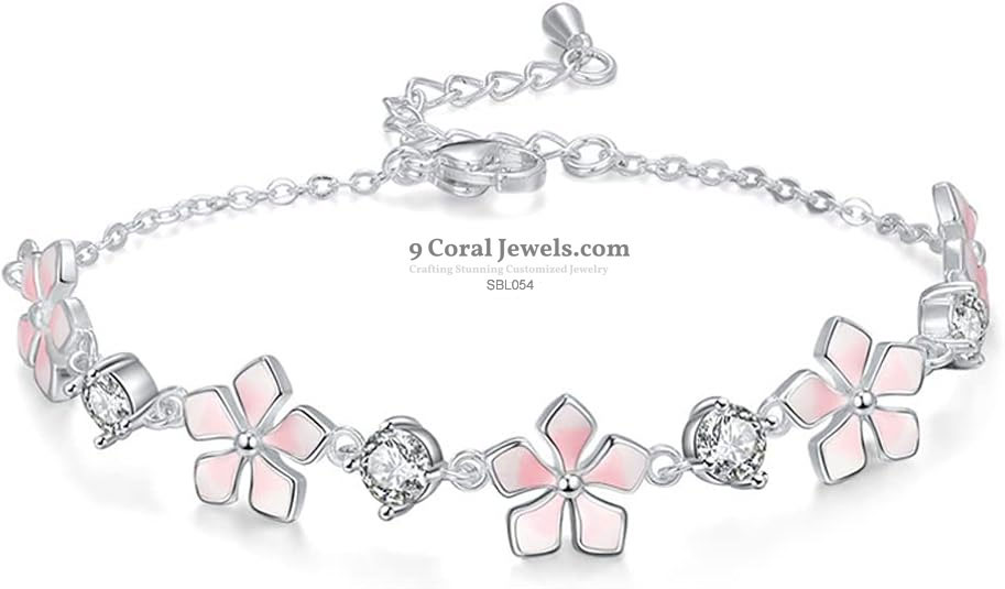 925 Sterling Silver Pink Enamel Flower & CZ Bracelet