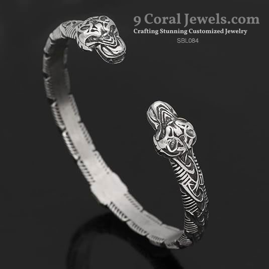 925 Sterling Silver Viking Wolf Head Cuff Bracelet
