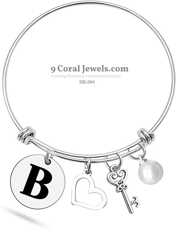 Sterling Silver Charm Bracelet – Custom Initial, Heart, Key & Pearl - SBL064