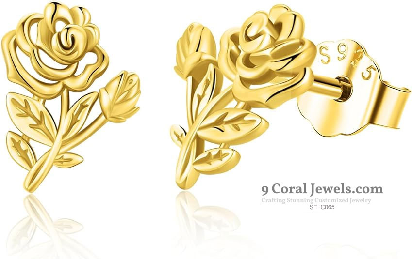 9255 Sterling Silver, Gold Rose Stud Earrings