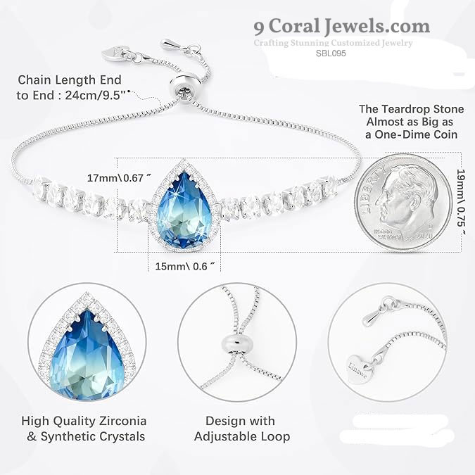 925 Sterling Silver Blue Teardrop CZ Adjustable Bracelet