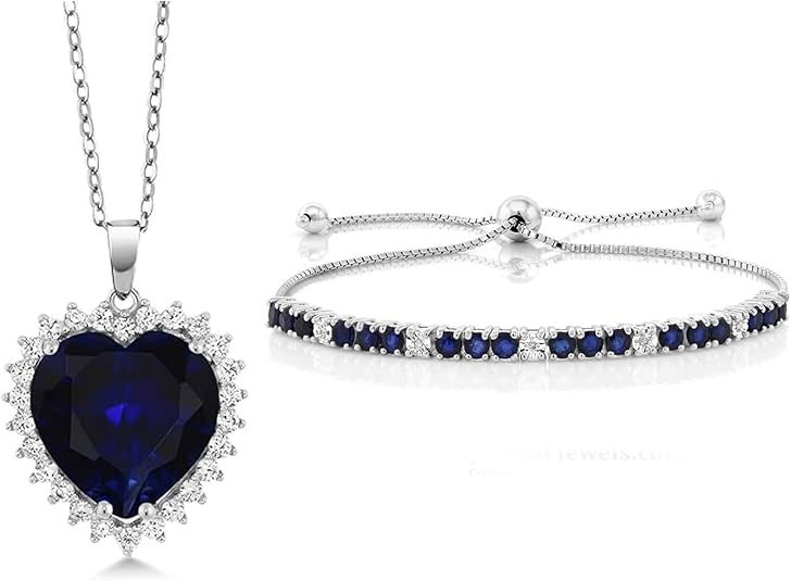 925 Sterling Silver Heart-Shaped Blue CZ Pendant & Bracelet Set – SBL062