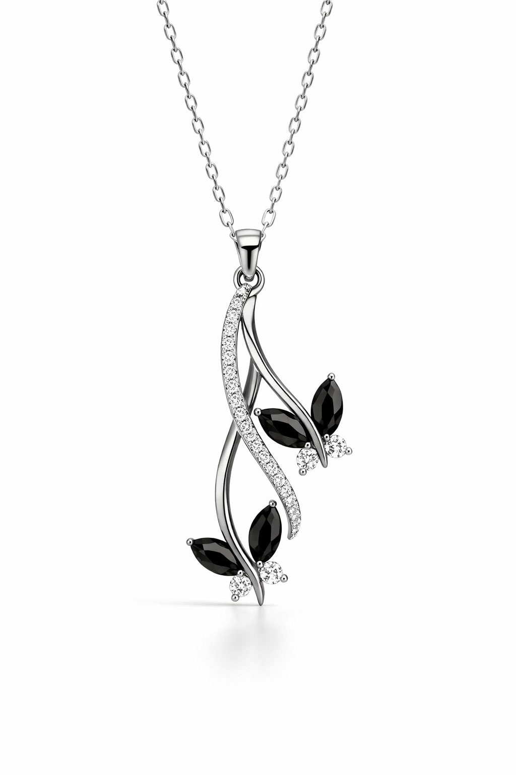 925% Sterling Silver Elegant Black Butterfly Pendant Necklace