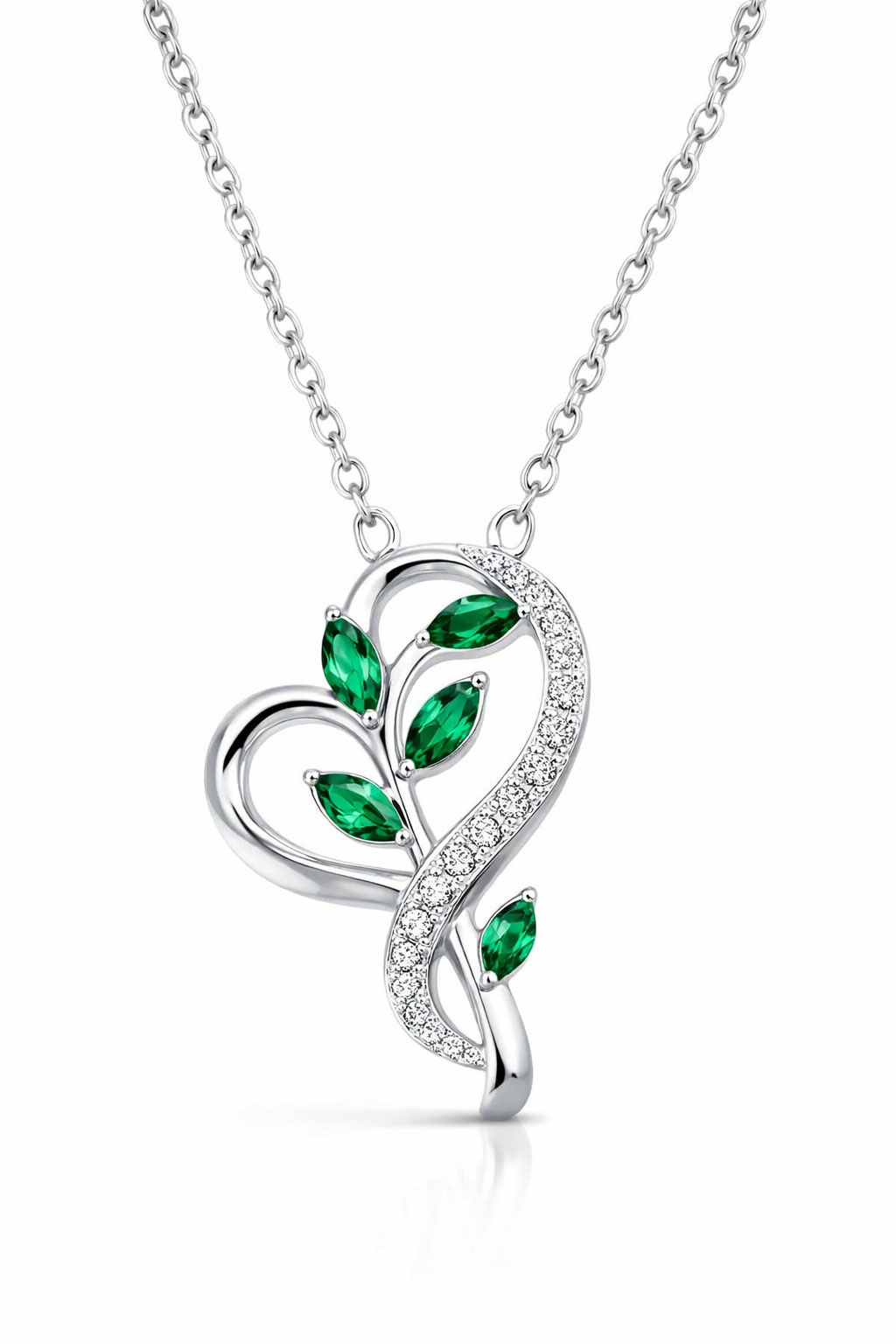 925% Sterling Silver Emerald Leaf Heart Pendant Necklace