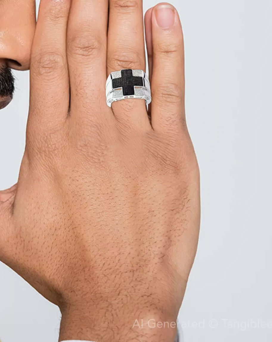 Men's Silver Ring with Black Cross