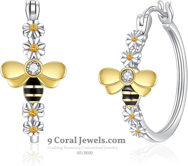 925% Sterling Silver Bee and Flower Hoop Earrings