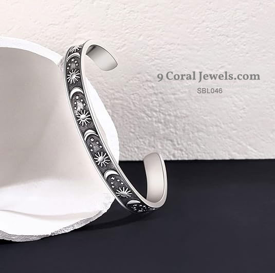 Sterling Silver Moon and Sun Engraved Cuff Bracelet