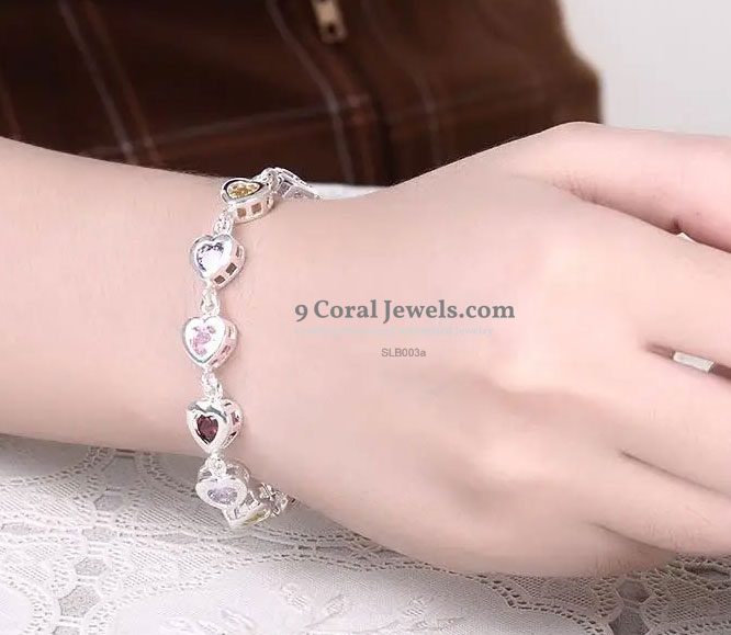 925% Sterling Silver Heart-Shaped Multicolor Gemstone Bracelet