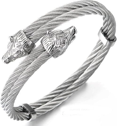 Silver Twisted Cable Wolf Head Bracelet