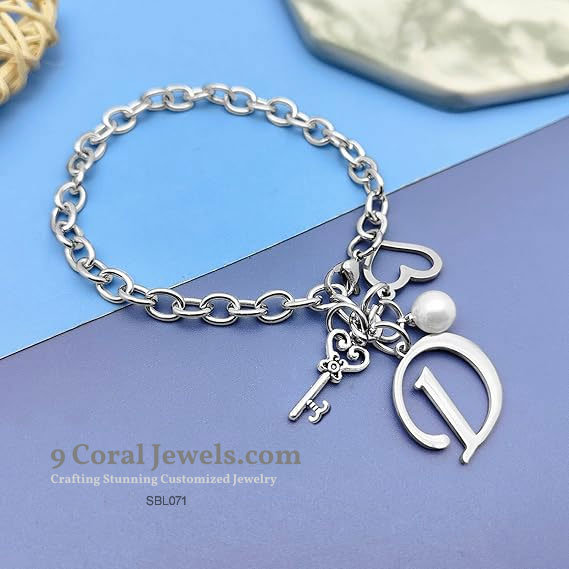 Charm Initial Bracelet with Pearl & Key – 925 Sterling Silver