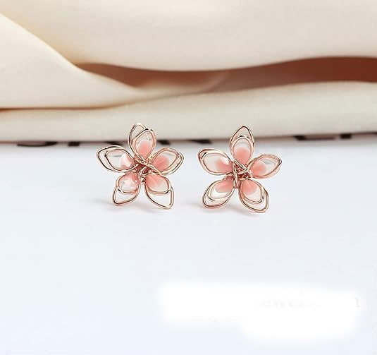 925% Sterling Silver Pink Flower Gold Earrings