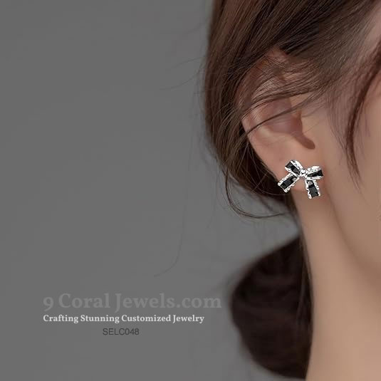 925% Sterling Silver Black Bow Earrings
