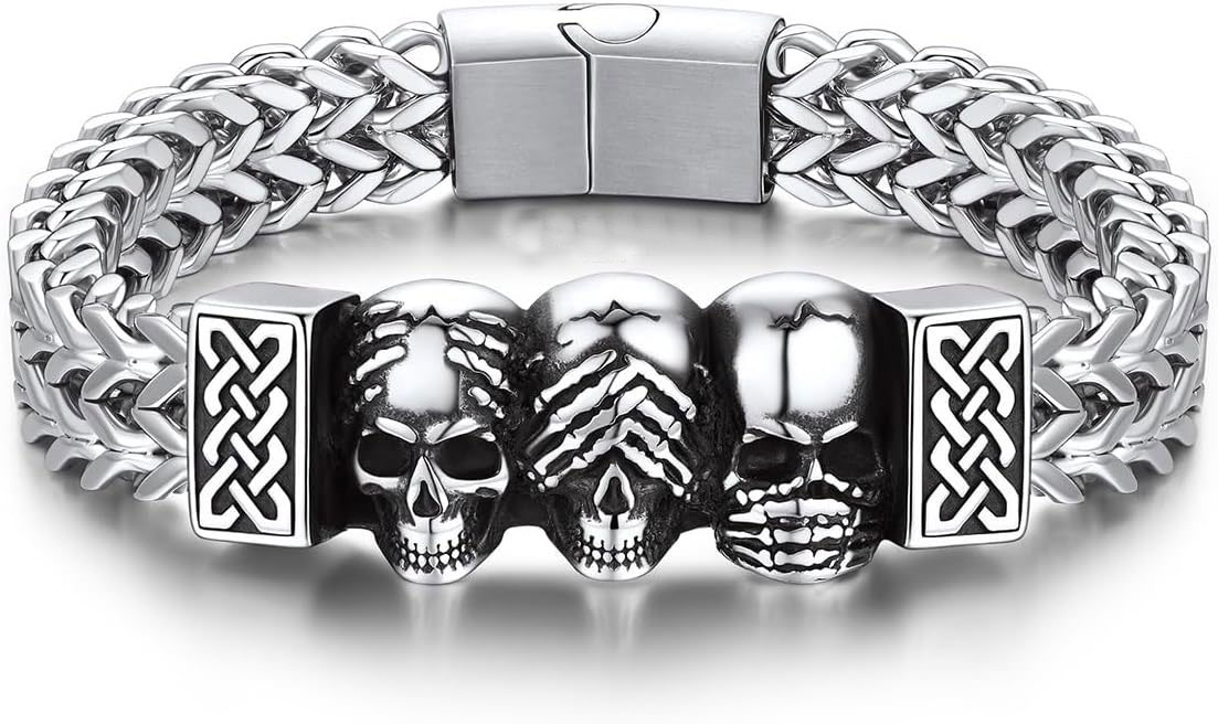 Three Skulls 925% Sterling Silver Bracelet