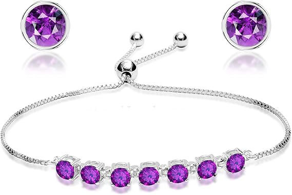 925 Sterling Silver Purple CZ Bracelet & Stud Earrings Set – SBL059