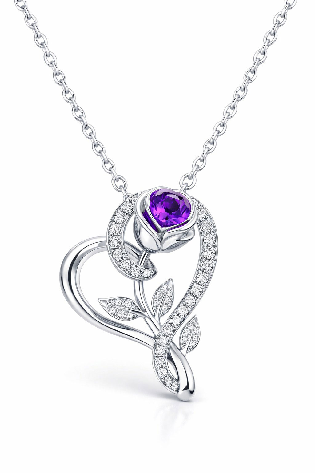 925% Sterling Silver Amethyst Heart Pendant Necklace
