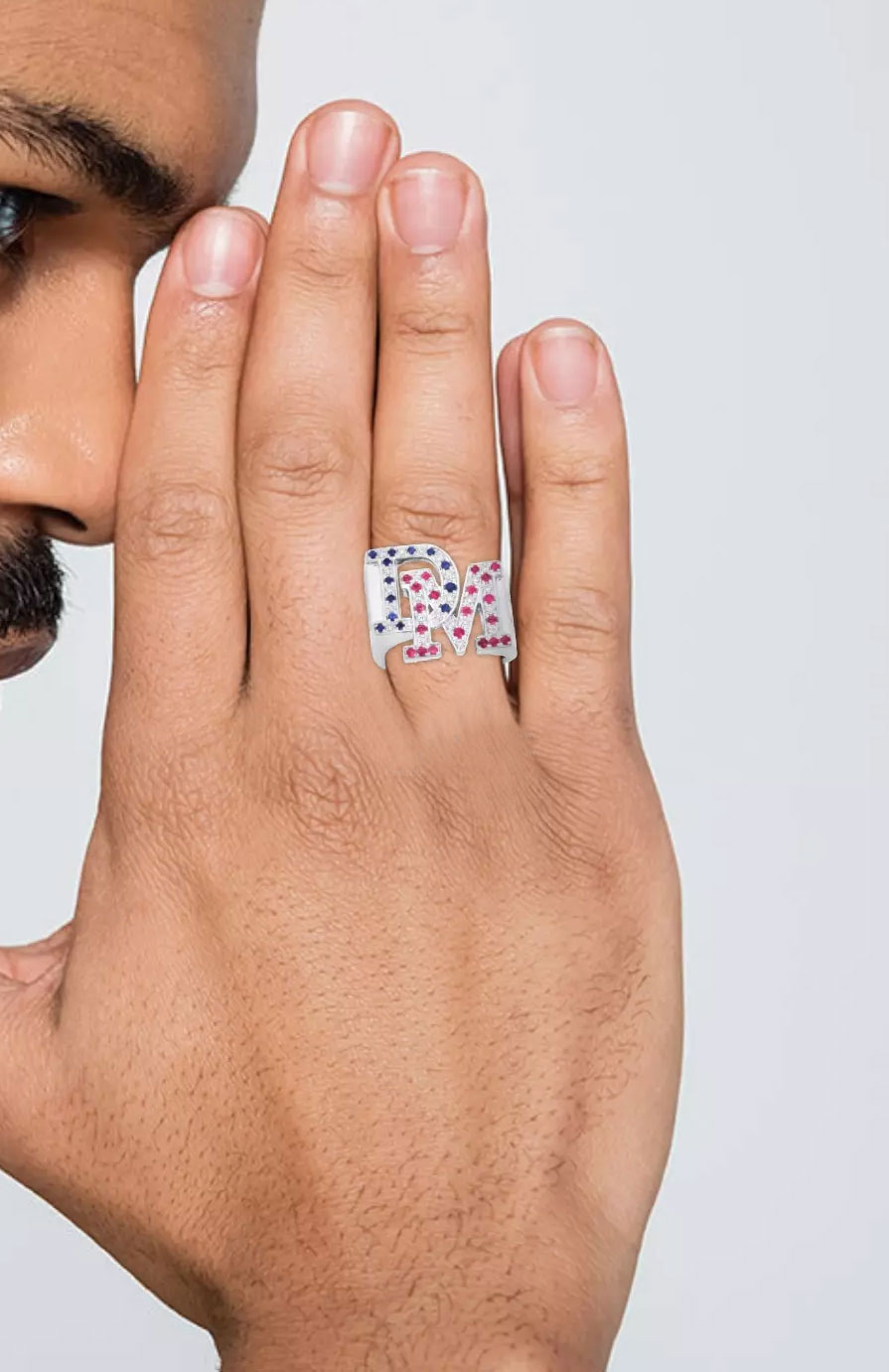 925% Sterling Silver Initials DM Gemstone Ring