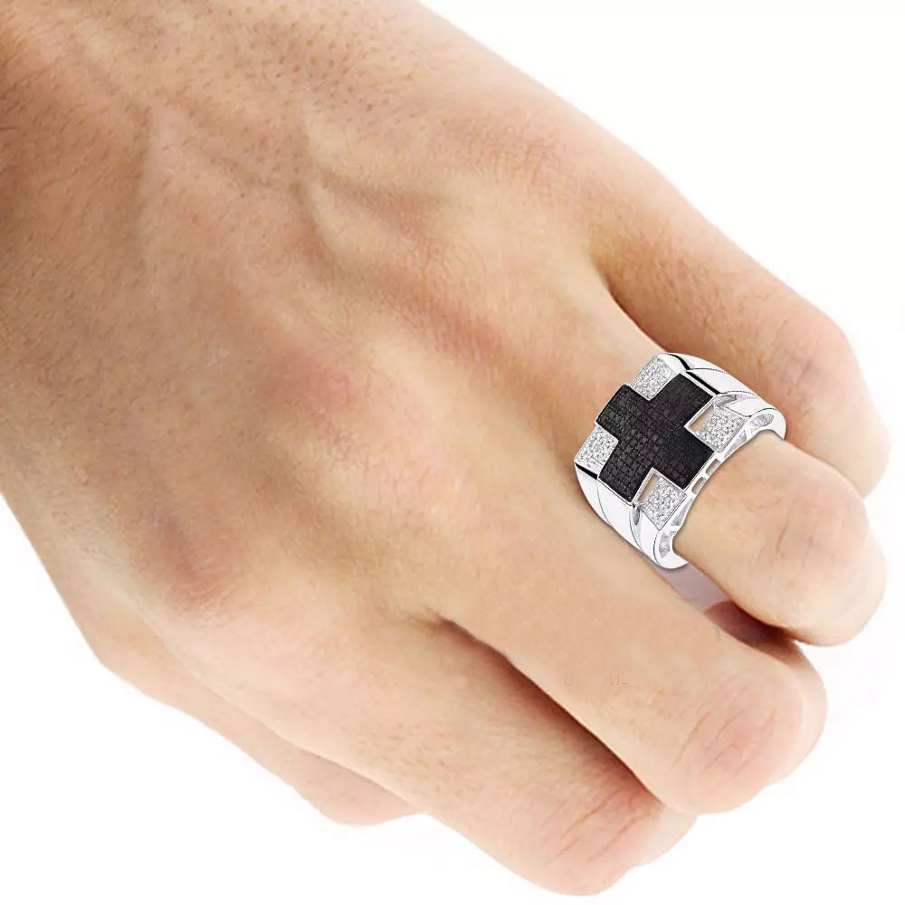 Men's Silver Ring with Black Cross