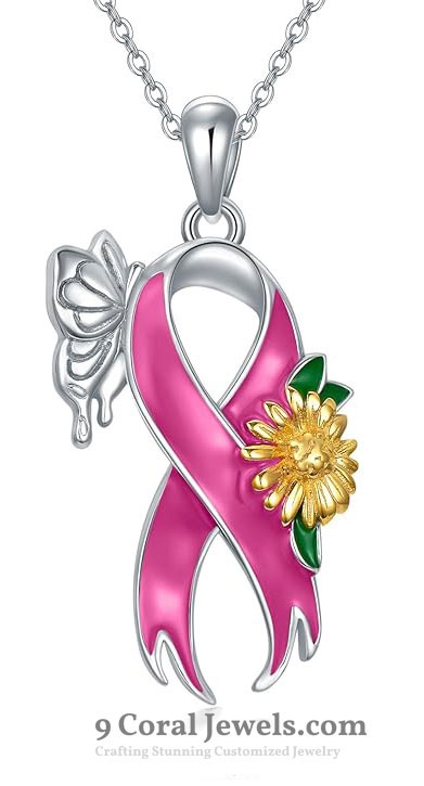 Pink Ribbon Butterfly Pendant Necklace