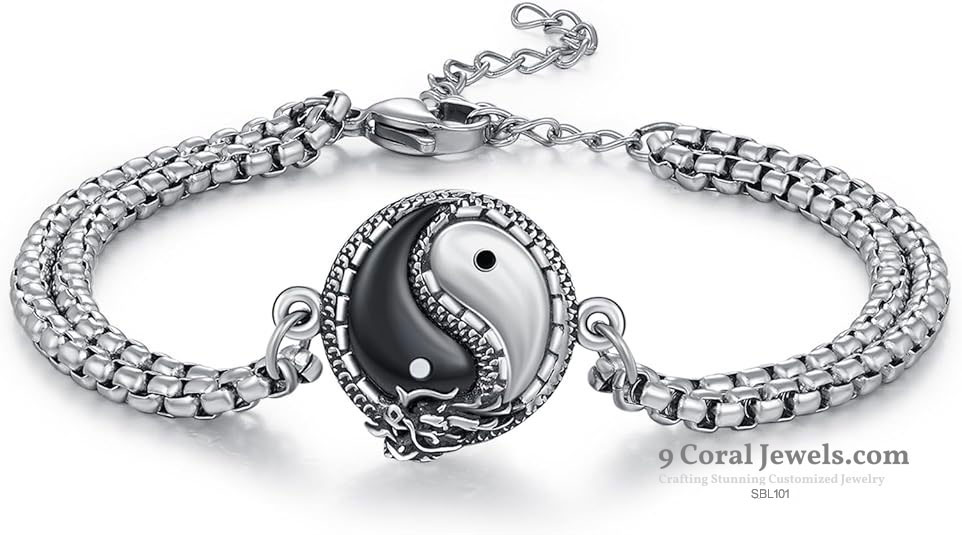 925 Sterling Silver Yin Yang Dual Dragon Bracelet