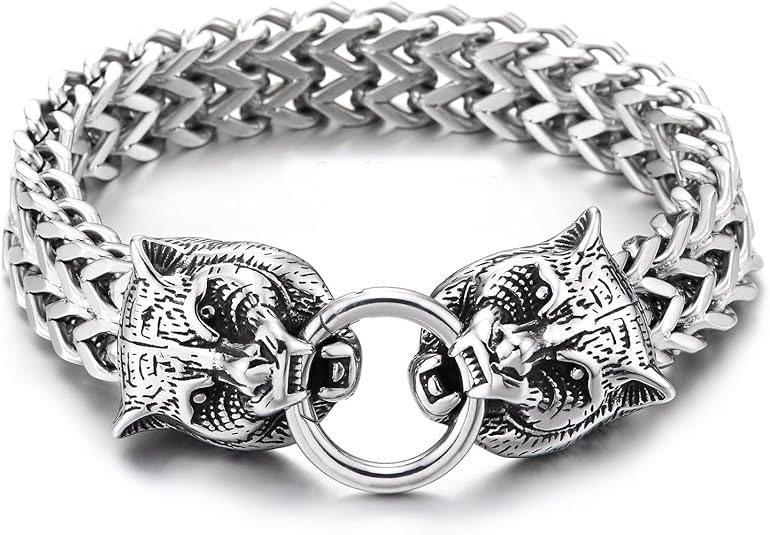 Men's 925% Sterling Silver Wolf Head Bracelet