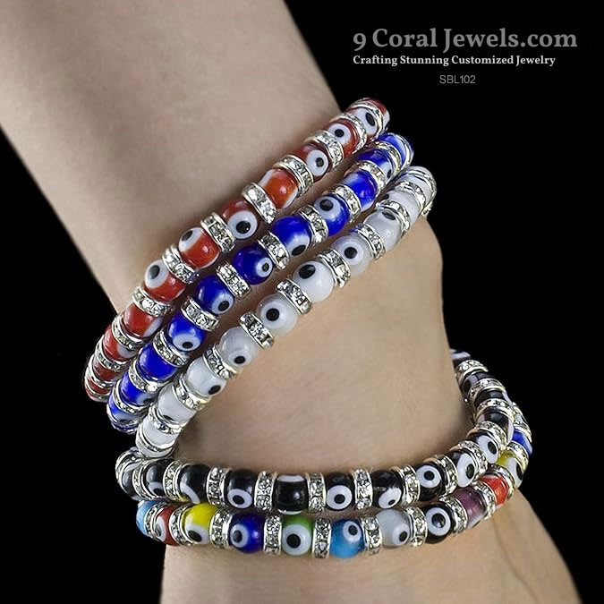 White Evil Eye Beaded Stretch Bracelet with CZ Spacers