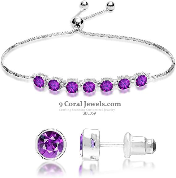 925 Sterling Silver Purple CZ Bracelet & Stud Earrings Set – SBL059