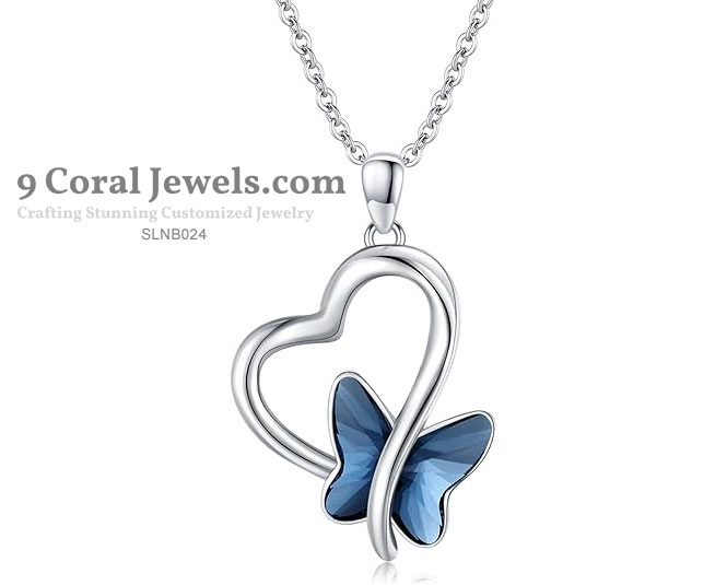925% Sterling Silver Heart and Blue Butterfly Pendant Necklace