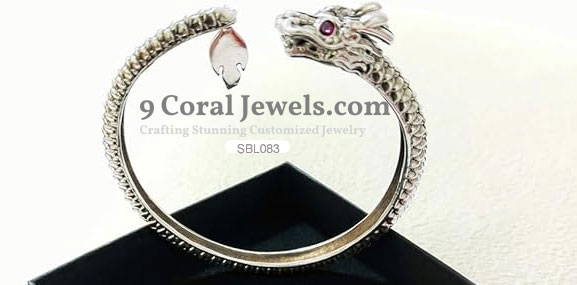 Sterling Silver Dragon Head Bangle with Red Eyes