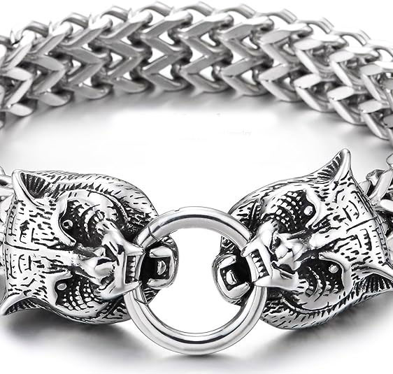 Men's 925% Sterling Silver Wolf Head Bracelet