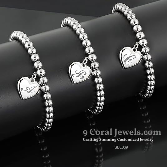 Beaded Heart Initial Bracelet – 925 Sterling Silver