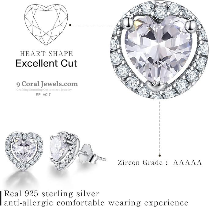 925% Sterling Silver Heart-Shaped Crystal Stud Earrings