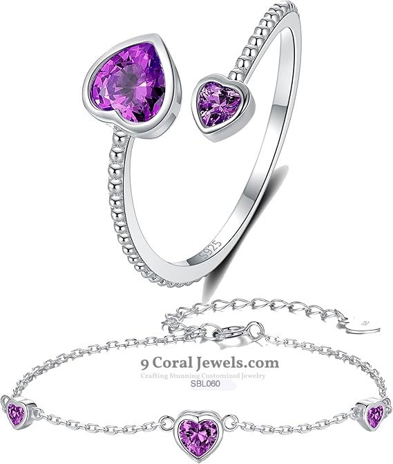 925 Sterling Silver Heart-Shaped Purple CZ Ring & Bracelet Set – SBL060