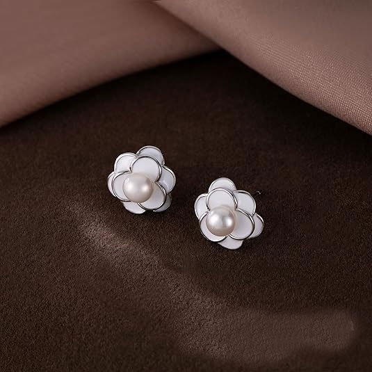 925% Sterling Silver White Flower Pearl Earrings