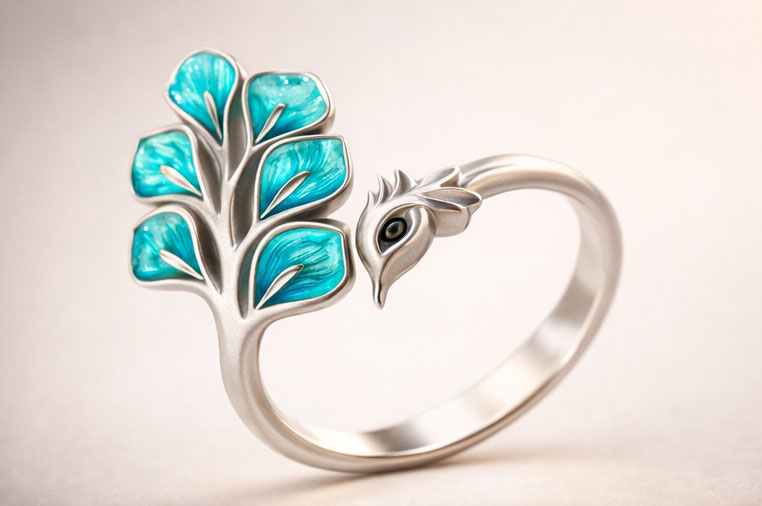 Peacock-Inspired Enamel Silver Ring