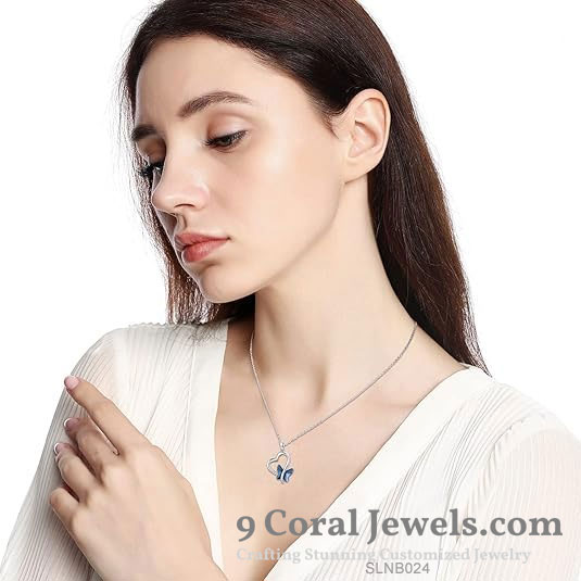 925% Sterling Silver Heart and Blue Butterfly Pendant Necklace