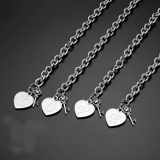 Sterling Silver Heart Initial Charm Bracelet – Customizable with Key Accent | SBL065