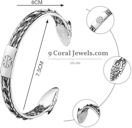 Handcrafted 925 Sterling Silver Viking Dragon Head Bracelet